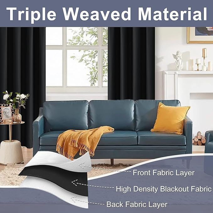 JIUZHEN Blackout Curtains for Bedroom - Thermal Insulated Room Darkening Rod Pocket Curtains for Living Room, Set of 2 Panels with Tiebacks, 38 x 84 Inch Length, Black