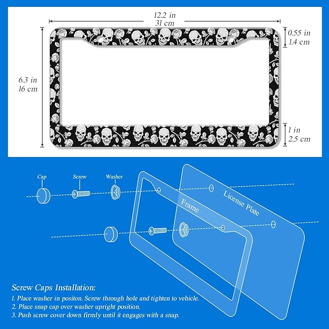 2PCS Black & White Skull Pattern License Plate Frames for Men Women - Universal Aluminum Stainless Steel Personalized Car Tag Covers Holder with Screws, Caps, Rattle Proof Pads and Handlebar Stickers