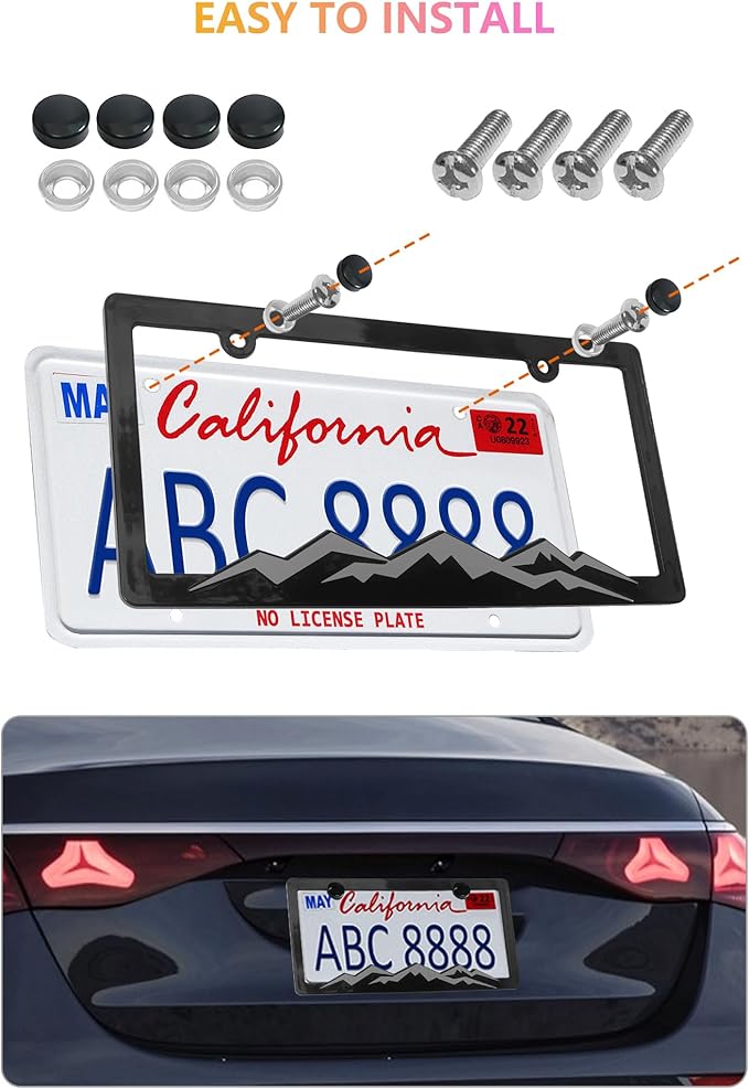 Mountain License Plate Frames - 2 Pack Plastic Car Tag Frame with 3D Mountain Design, Grey on Black, Included Mountain Vinyl Sticker, Screws & Caps