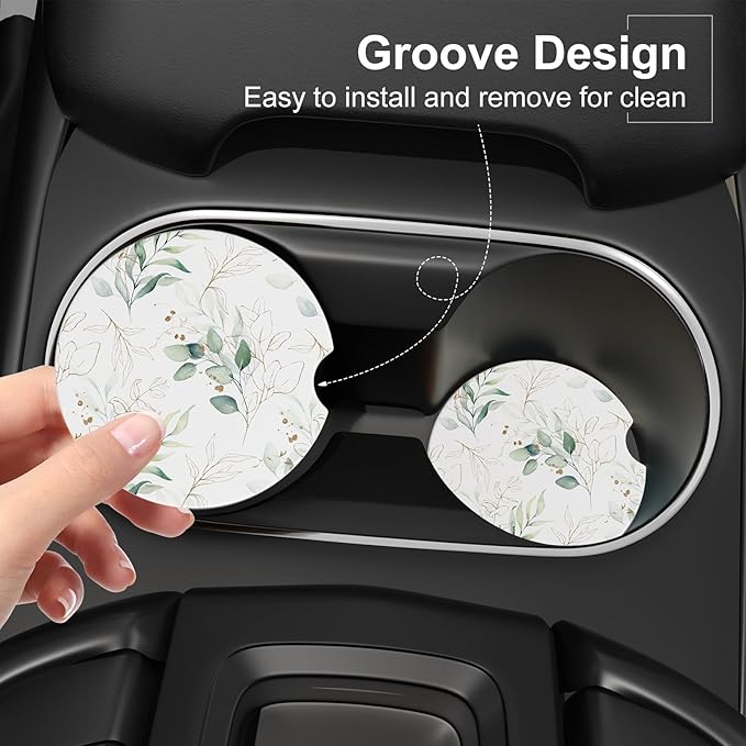 Car Cup Holder Coaster, Car Coasters for Cup Holders, 4 Pack Universal Anti Slip Insert Absorbent Ceramic Auto Interior Accessories with A Finger Notch & Cork Base, Leaves