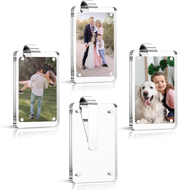 4Pcs Car Photo Holder, Acrylic Magnetic Personalized Car Picture Holder, Car Visor Clip, Universal Photo Frame for Car, Customizable Car Visor Photo Clip for Family & Personal Photos