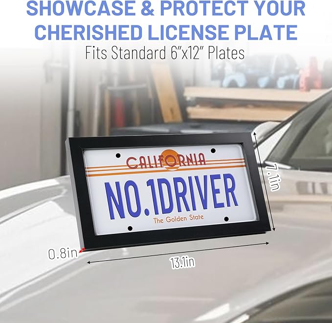 Matte Black License Plate Wall Frame for 6"x12" Plate Display,Modern Solid Wood with High Clarity Acrylic Panel,Ideal for Garage Decor Car Enthusiast,License Plate Hider, Cover,Holder