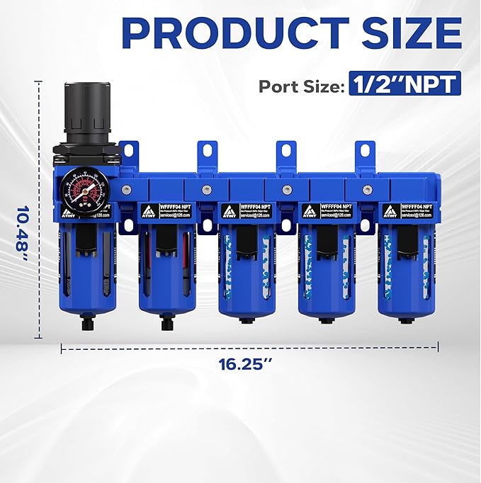 1/2'' NPT 5 Stage Air Dryer for Compressor,5&0.01 Micron Filter Cartridge Air Drying System,Double Desiccant Dryers & Air Regulator,Metal Bowl, Semi-Auto Drain,Industrial Grade-Blue