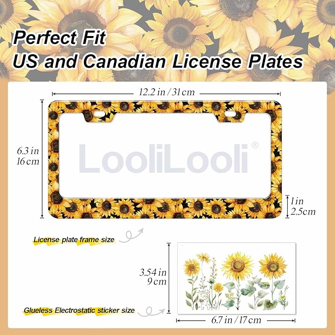 1pcs Yellow Sunflower License Plate Frame for Women, Flower Flora Car Tag Frames Girly for Vehicle with Non Adhesive Electrostatic Sticker
