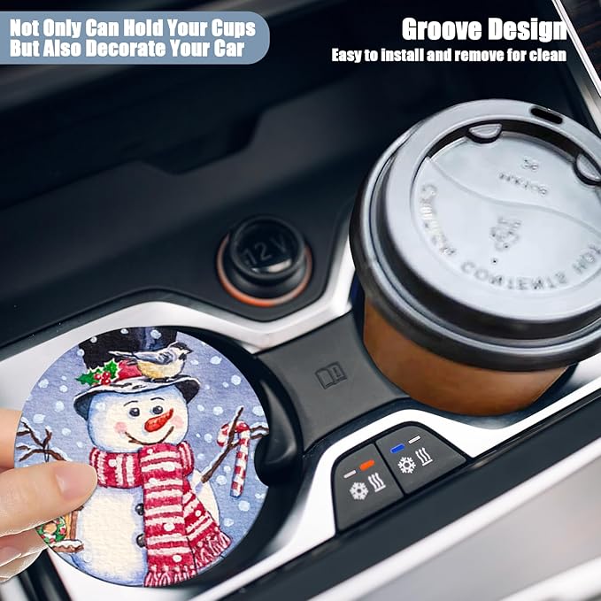 Car Cup Holder Coaster - Christmas Snowman Absorbent Ceramic Coaster, Car Coasters for Cup Holders, Auto Accessories for Women & Men, Pack of 2