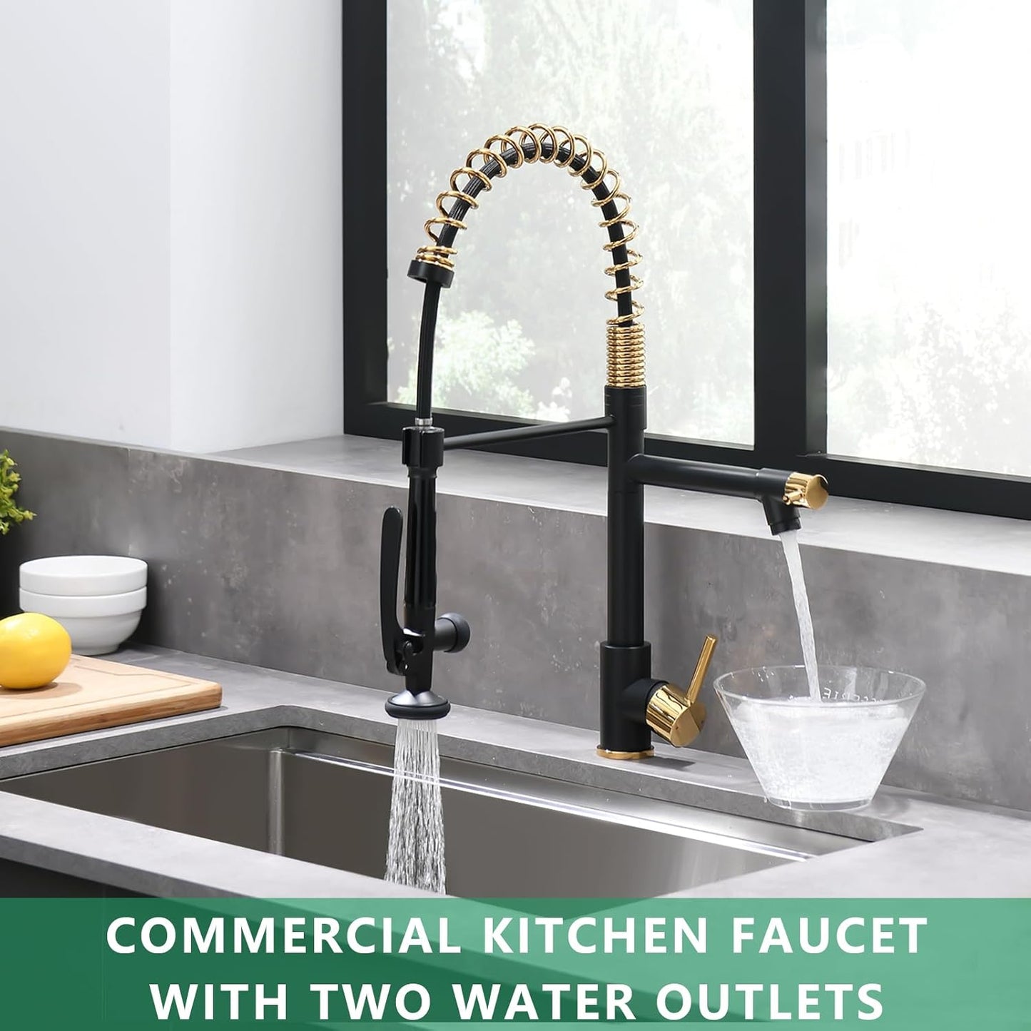 Fapully Black&Gold Kitchen Faucet with Sprayer,Commercial Pull Down Kitchen Faucet for Kitchen Sink