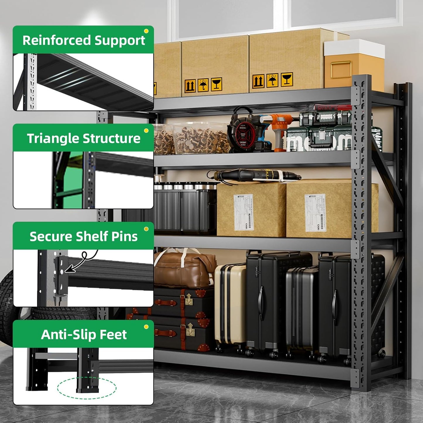 3000LBS Heavy Duty Storage Shelves,63''H Metal Garage Shelving, 4-Tier Adjustable Garage Organization Shelving Units, Industrial Shelving for Warehouse,Workshop- Classic Black