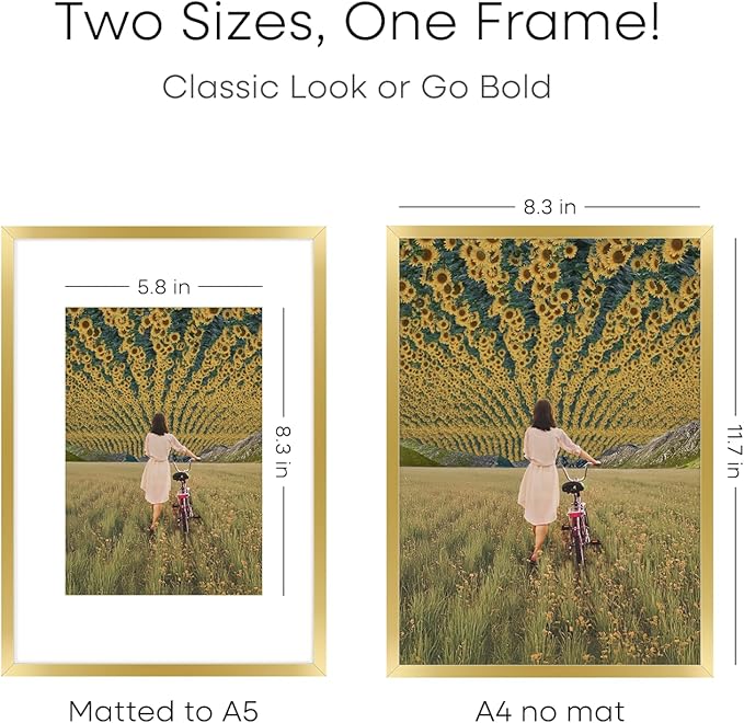 Homeforia A4 Gold Picture Frame, High End Metal 8.3 x 11.7 Frames for Wall or Tabletop, Gold A4 Certificate Frame with Mat A5, 8.3x11.7 Frames Matted to 5.8x8.3 Art, Tempered Glass, Wall Kit, Set of 3