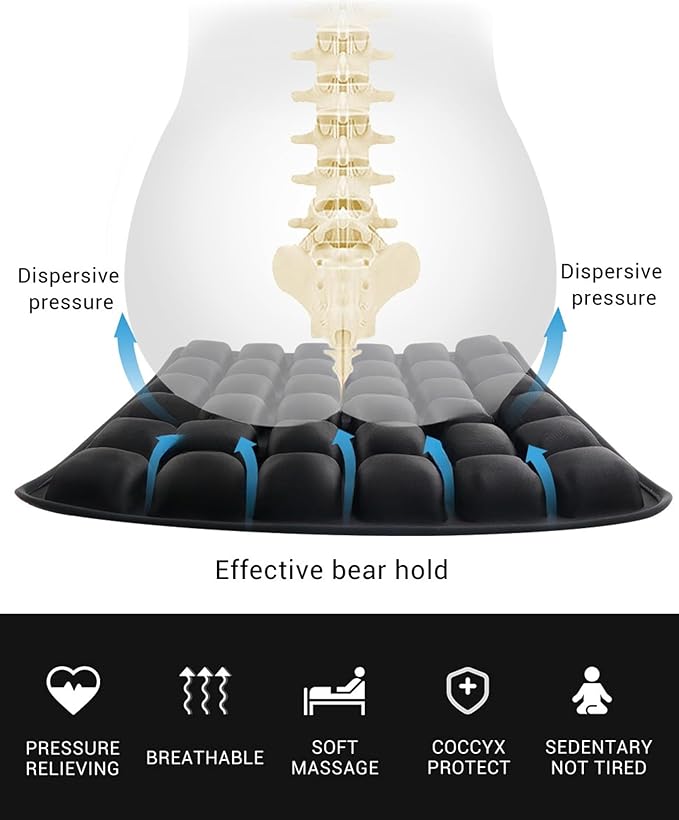 49-Cell Air Bubble Inflatable Seat Cushion with Built-in Pump - 50-100% Adjustable Firmness - 360° Breathable Cooling - TPU+Spandex, Anti-Slip Base - 40×40×3 Portable Travel & Office Cushion