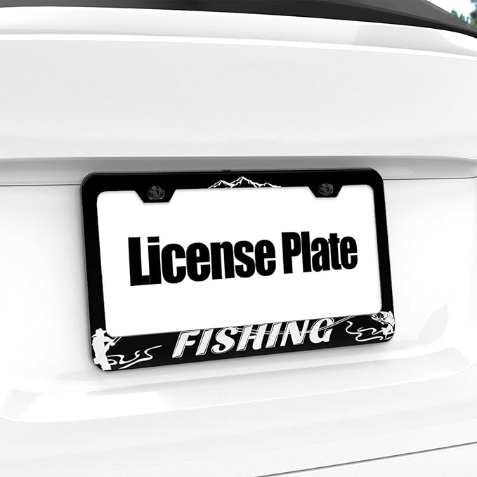 Fishing License Plate Frame Set - Black Thin Front Car Tag Frame 2 Holes for Auto Decorative Gift