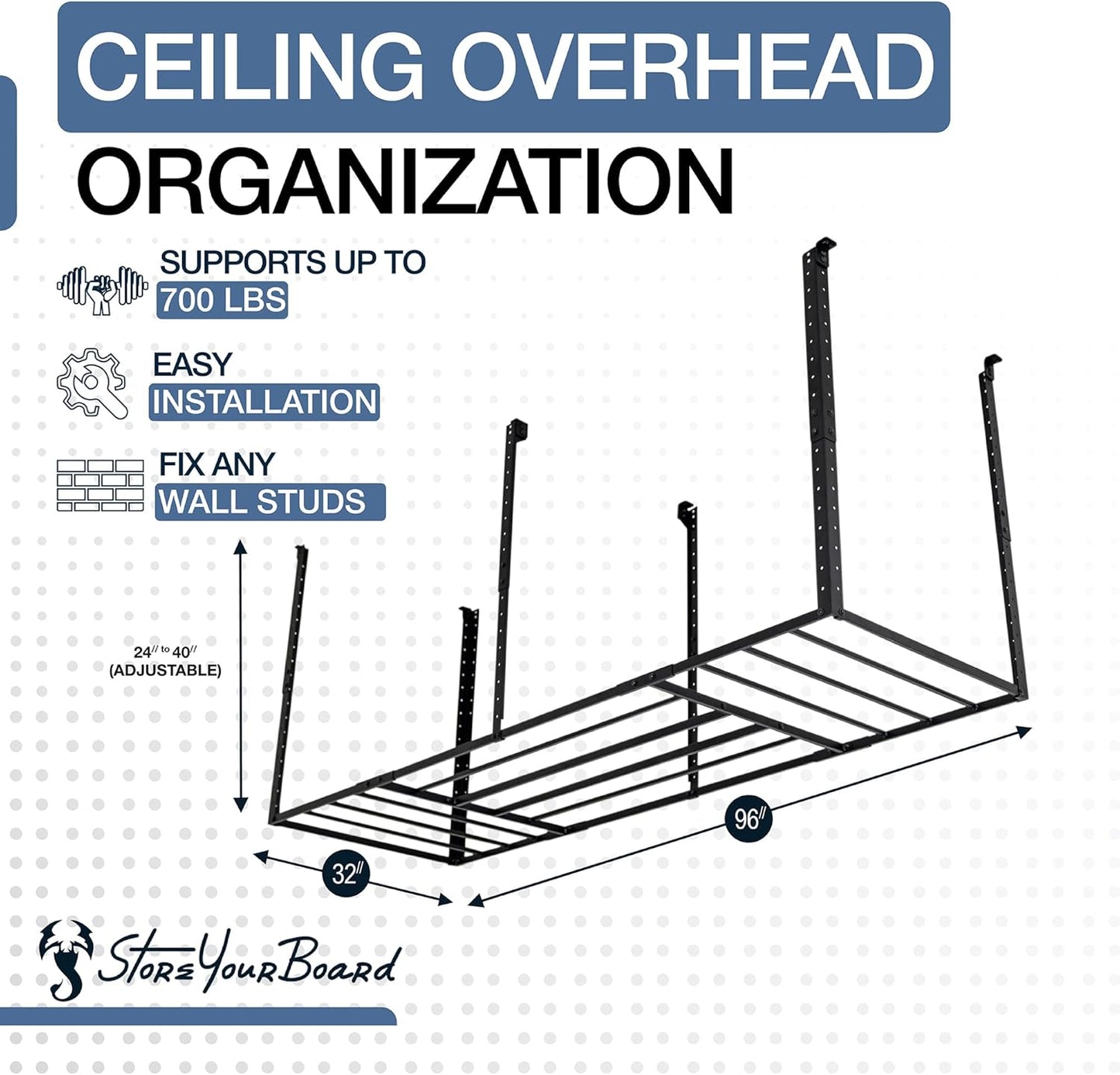 StoreYourBoard 3 x 8 ft Garage Storage Rack, Ceiling Shelf Overhead Organization, Heavy Duty Steel Platform Holds 700 lbs, 96 in. x 32 in. x 40 in.