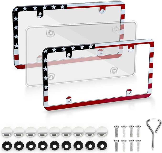 2pcs License Plate Protector Unbreakable License Plate Covers and Frames Set Front and Rear Clear License Plate Cover American Flag License Plate Frames Fits Standard Us Plates with Screws Caps