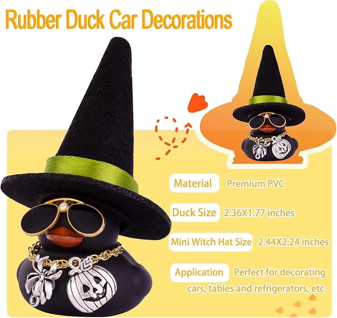 Halloween Car Rubber Duck, Duck Car Dashboard Decorations with Mini Witch Hat Sunglasses Necklace Halloween Accessories for Halloween Themed Gifts(W24)