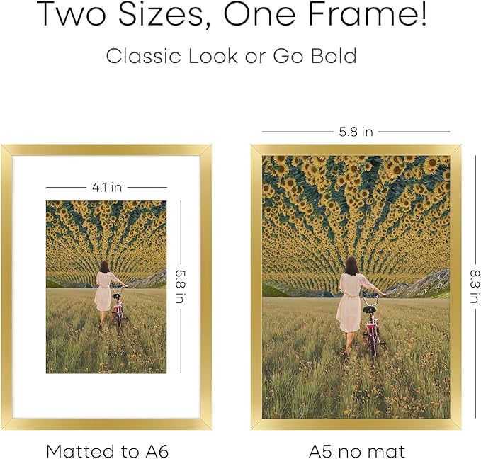 Homeforia A5 Picture Frame Gold, High End Metal 5.8 x 8.3 Frames Matted to 4.1 by 5.8 inch Photo, A5 Frame with Mat A6, 5.8x8.3 Poster Frames, 8.3x5.8 Display Frame, Tempered Glass, Wall Kit, Set of 3