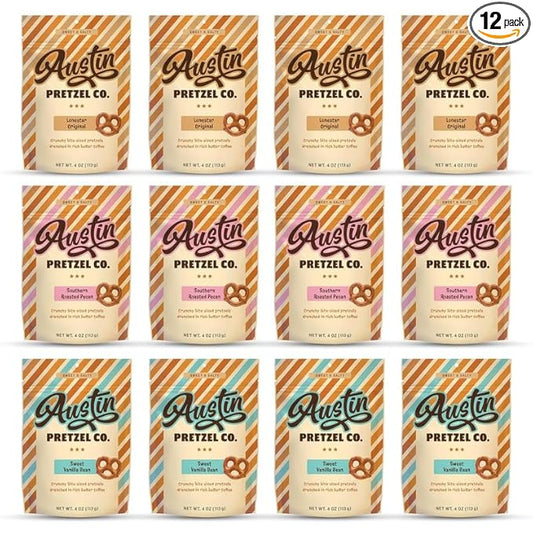 Variety Pack - Lonestar Original, Sweet Vanilla Bean & Southern Roasted Pecan Flavors, 4 oz Gourmet Bite-Sized Butter Toffee Pretzels, Sweet & Savory Snack, Perfect for Sharing Austin Pretzel
