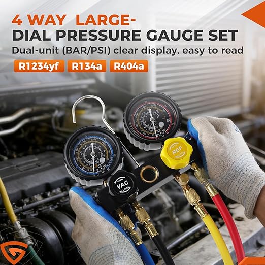 GEARLAST 4 Way AC Manifold Gauge Set for 1234yf R134a R404a Refrigerant, HVAC Automotive Gauge Set AC Refrigerant Charging Recovery Tool Kit with Quick Couplers