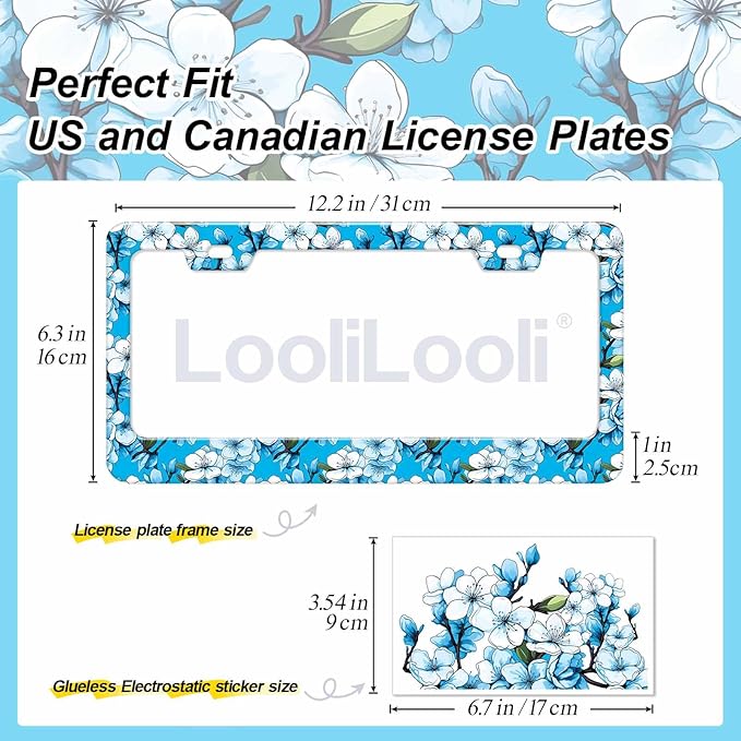 1pcs Blue White Cherry Blossom License Plate Frame for Women, Cyan Sakura Car Tag Frames Girly for Vehicle with Non Adhesive Electrostatic Sticker