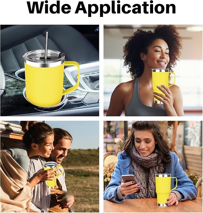 20 oz Stainless Steel Tumbler with Handle, Double Wall Vacuum Insulated Coffee Mug Tumbler with Lid and Straw, Thermal Cup for Cold and Hot (Yellow)