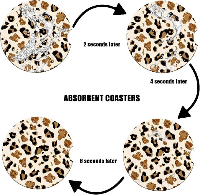 Car Cup Holder Coaster - Leopard Print Absorbent Ceramic Coaster, Car Coasters for Cup Holders, Auto Accessories for Women & Men, Pack of 2