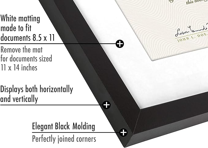 Americanflat 11x14 Diploma Frame with Shatter-Resistant Glass - Set of 4 - Use as 8.5x11 Frame with Mat or Display 11x14 Documents Without Mat - Legacy Collection - Certificate Frames for Wall - Black