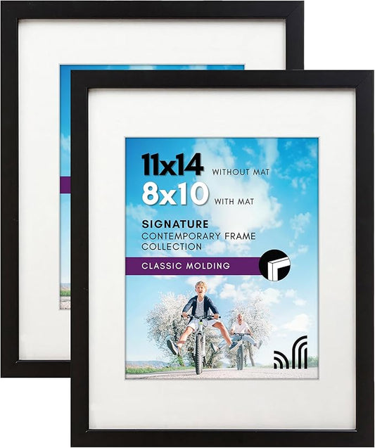 Americanflat 11x14 Picture Frame in Black - Displays 8x10 With Mat and 11x14 Without Mat - Composite Wood with Shatter Resistant Glass - Horizontal and Vertical Formats for Wall - Set of 2
