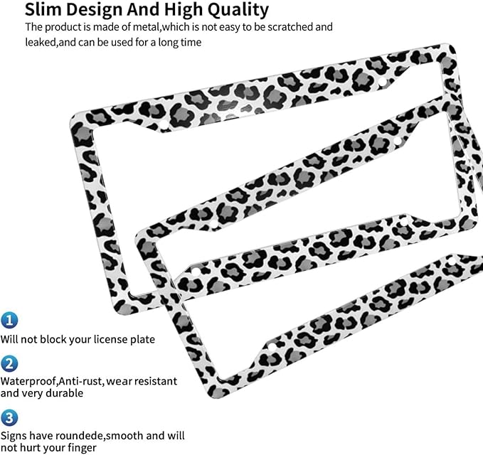 License Plate Frame 2 Pack Front Rear Aluminum Metal Rust-Proof Universal Car Tag Frames Holder with 4 Holes Car Decor Accessory with Screws for Men Women - Black Grey Leopard