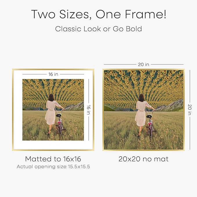 Homeforia 20x20 Picture Frame Gold, High End Metal 20 x 20 Square Poster Frame with Mat 16 x 16 Photo, 20x20 Frame Matted to 16x16 Print, 20by20 Gold Hanging Frames, Tempered Glass, Wall Kit, Set of 2