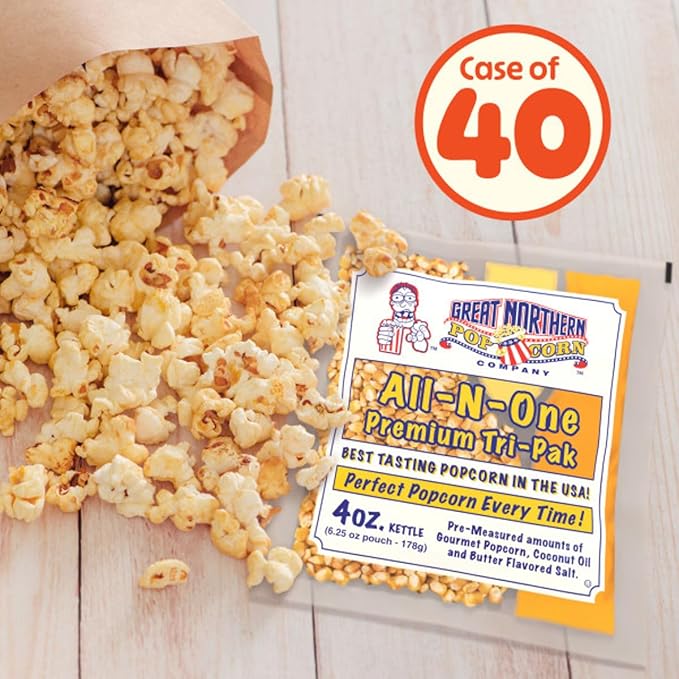 4oz Popcorn Machine Popcorn Packets - Pre-Measured, Movie Theater Style, All in One Gourmet Pop Corn Kernels for Popping with Butter Flavored Salt and Oil by Great Northern Popcorn (40 Case)