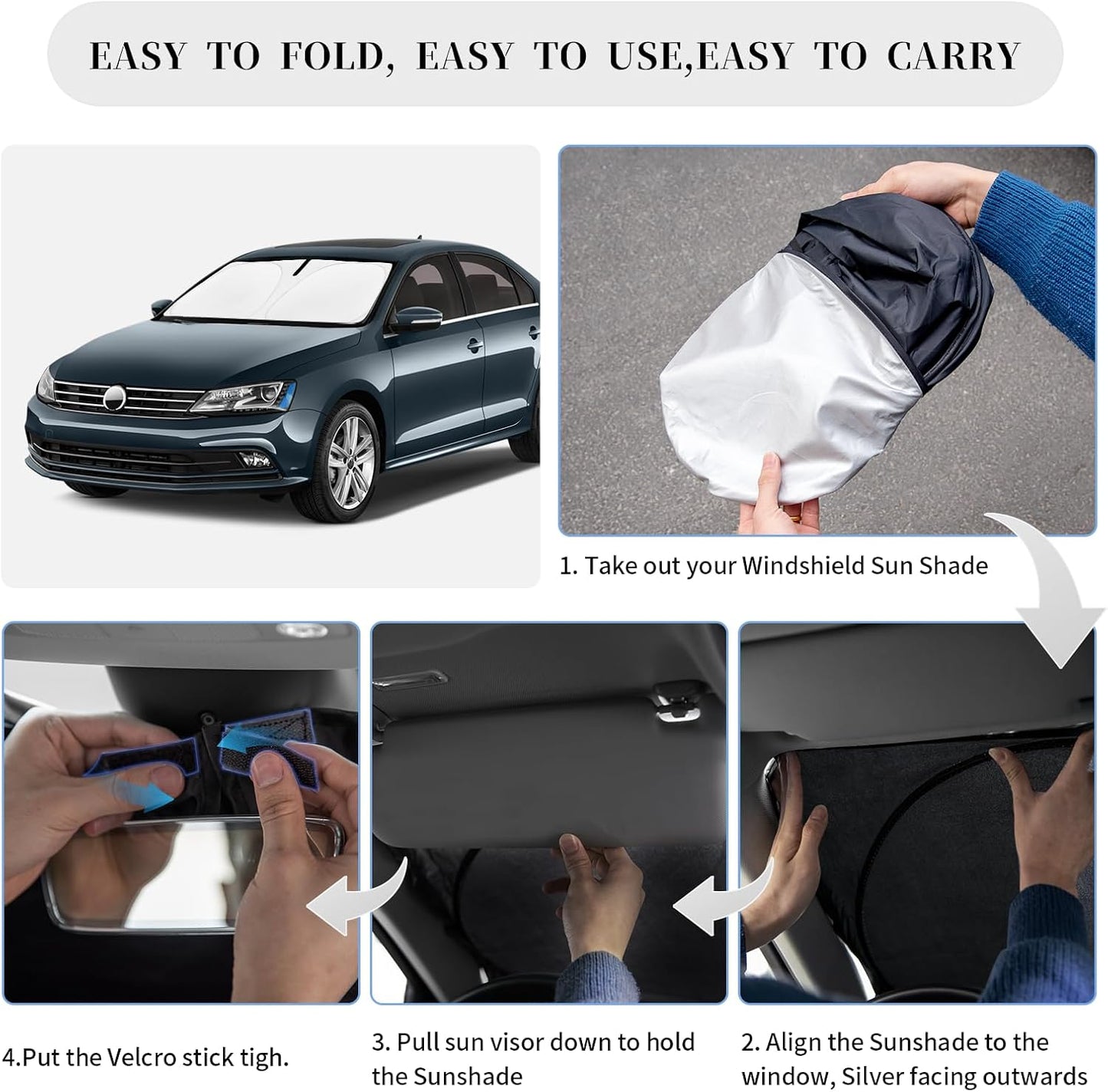 Sun Shade Sunshade for VW Jetta Windshield Cover, 4-Layer Front Window Shade Custom fit Volkswagen Jetta 2011-2018 Sun Visor 240T Retractable Shade Shield Blocks UV Rays Cooler Car Accessories
