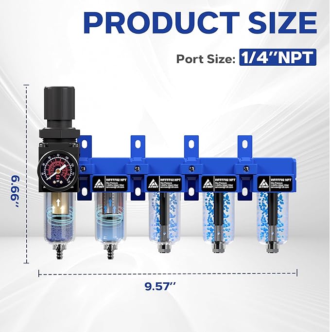 1/4'' NPT 5 Stage Air Drying System,Air Dryer for Compressor,5 &0.01 Micron Filter Cartridge,Triple Desiccant Dryers & Air Regulator,Metal Bowl, Semi-Auto Drain,Industrial Grade-Blue
