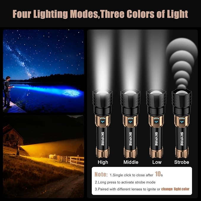 SKYFIRE Rechargeable Flashlights High Lumens with Ignition Lens&White Yellow Blue Light,10000mAh LED Super Bright Flashlight,Zoomable,4 Modes,Waterproof Tactical Flash Light for Outdoor,Home &Gift