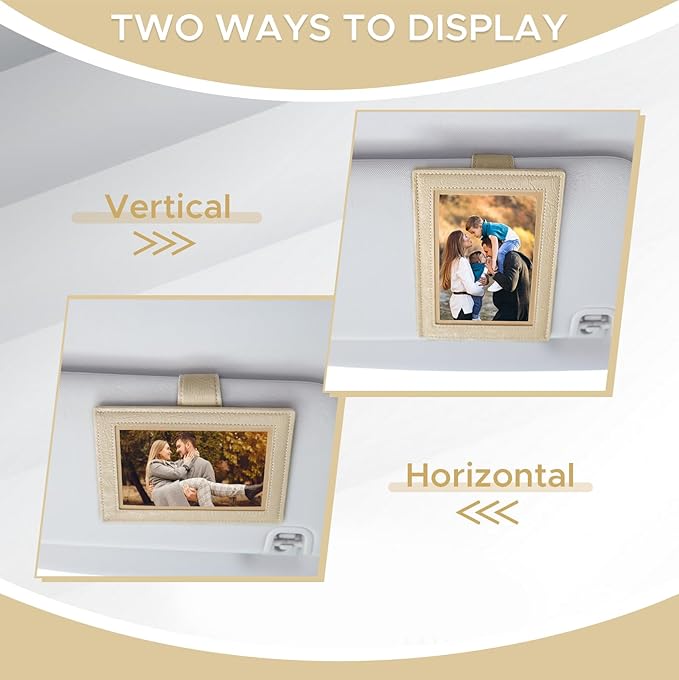 KINIVA 2 Pack Car Picture Holder - Magnetic Faux Leather Picture Frame for Safe Driving - Gift for Dad Mom Husband Wife Car Visor Accessories, Car Accessory (Fits 2.5"x3.5" Photos) (Apricot)