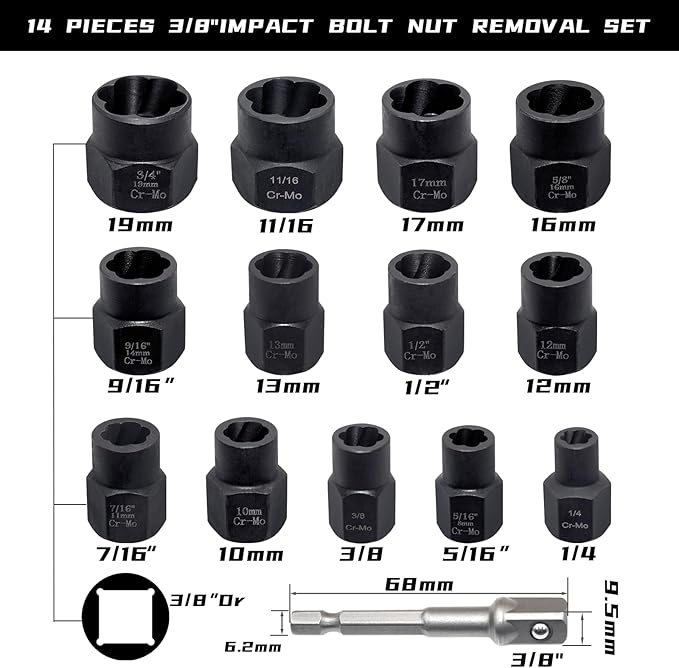 14 Pcs Bolt Nut Extractor Set with Knockout Bar, 3/8" Drive Wheel Lock Removal Kit for Extracting Damaged, Stripped Frozen Nuts & Screws Twist Socket Set, Impact Lug Nut Remover Socket Tool