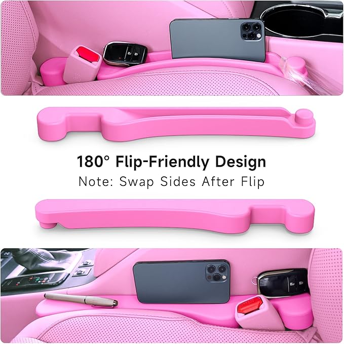 Car Seat Gap Filler Set of 2, Soft Foam Multifunctional Seat Side Gap Filler with Organizer & Hook Function, 3in1 Gap Stopper Universal Fit Car SUV Truck Fill The Gap Between Seat & Console（Pink）