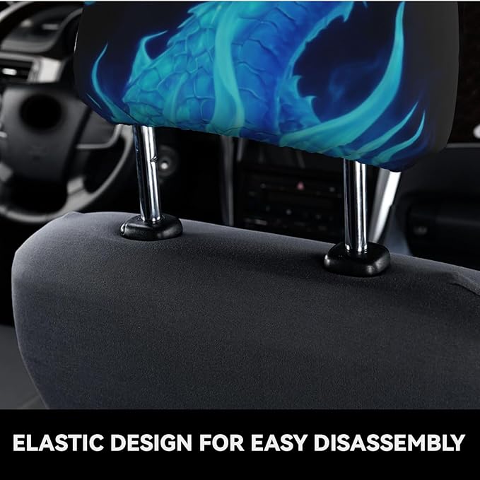 Dujiea 2 Pack Fire Blue Dragon Car Headrest Covers, Universal Soft Car Seat Head Rest Cover Protector, Vehicle Accessories Fabric Headrest Cover for Cars Vans Trucks