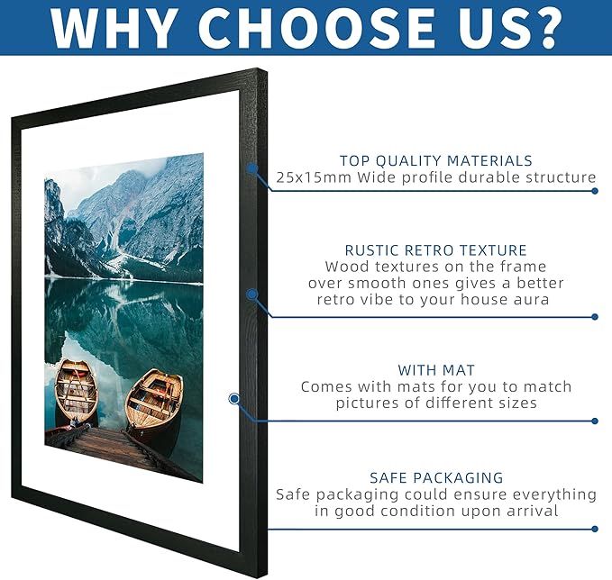 22x28 Frame Set of 2, Rustic Black Wood Style - Display 18x24 Picture Frame with Mat or 22 x 28 Poster Frame without Mat, Wall Mounting Horizontal and Vertical