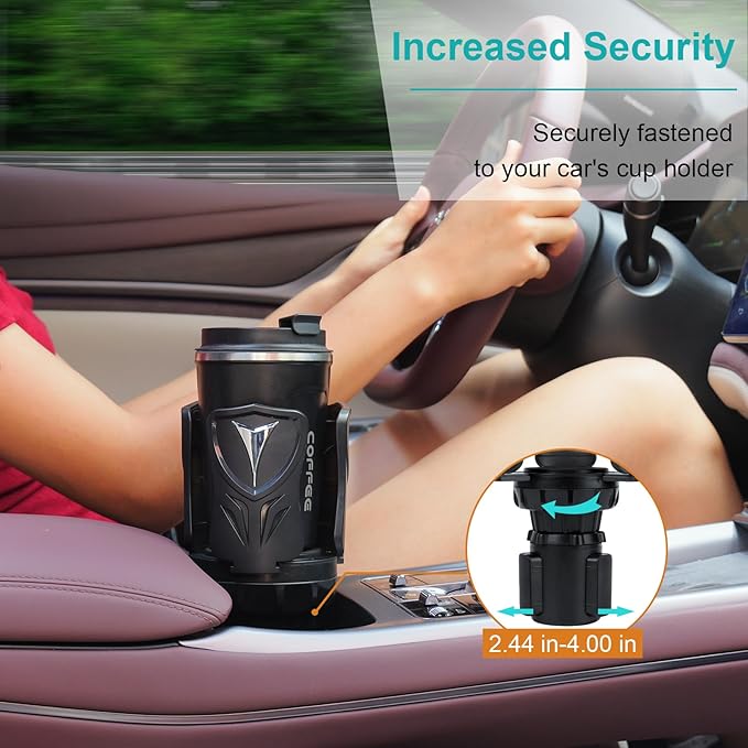 Car Cup Holder Expander, Cup Holder Adapter with Adjustable Telescopic Arm, Compatible with Yeti, Stanley 10 to 46 oz Large Water Bottles, Coffee Cups, Adjustable Base, Non-Slip Base, Black