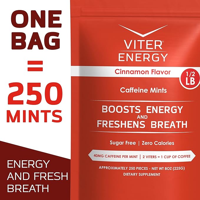 Viter Energy 40mg Caffeine Mints - Sugar Free, B Vitamins, Vegan, Boosts Fast Energized Alert Focus, Caffeinated Nootropic Supplement Pills (Cinnamon Flavor, 8oz, Bulk Bag)