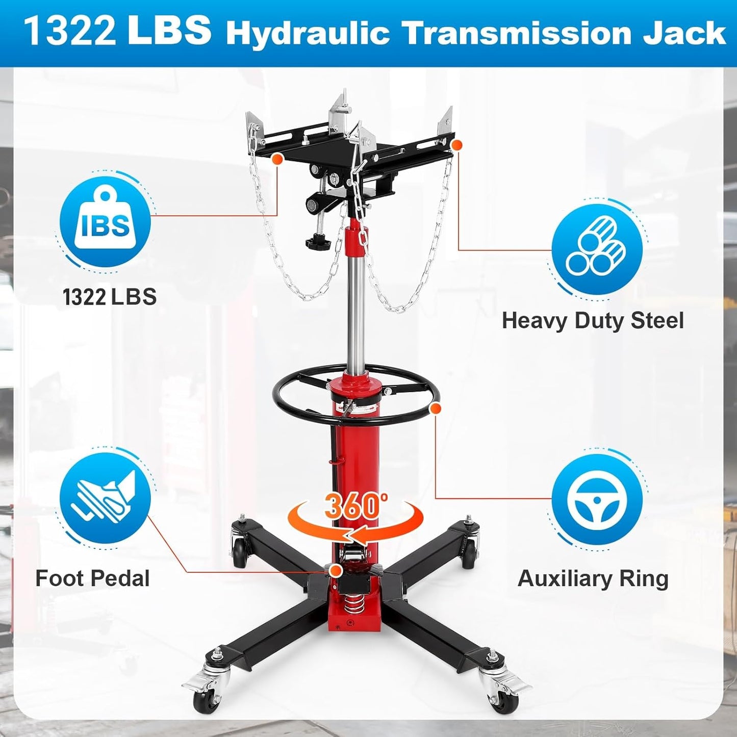 Transmission Jack, 1322lbs (3/5 Ton), 2-Stage Hydraulic Telescopic Jacks, Lifts 34"-68", with Foot Pedal & 360° Swivel Wheels, Ideal for Garage and Car Lifting, Heavy-Duty, Red
