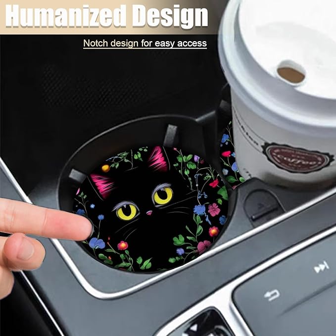 2 Pack Cute Flower Balck Coasters for Cup Holders, Ceramic Car Cup Holder Coaster for Car, Absorbent Car Cup Coasters with Cork Base Car Interior Accessories for Women Men