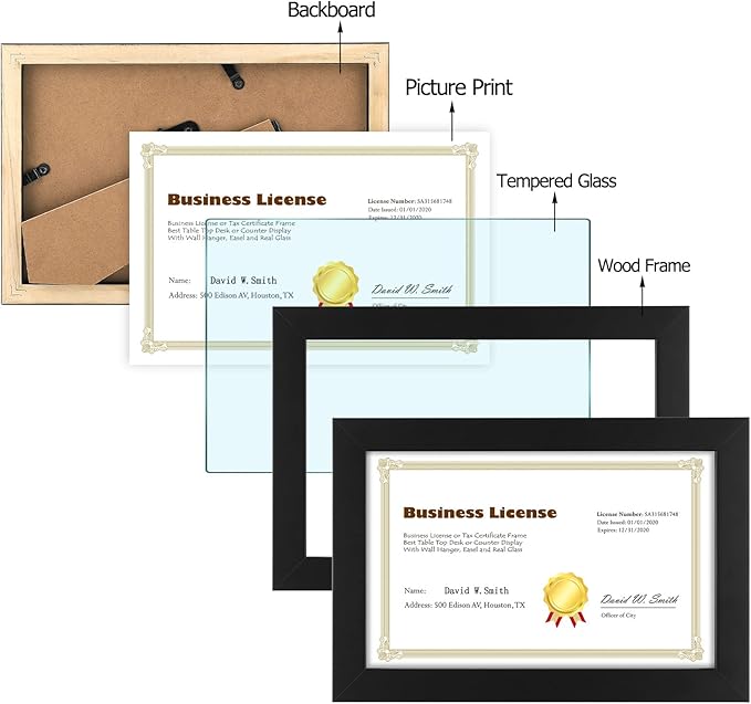 Golden State Art, 8.5 x 5.5 Business License Frame, Black Solid Wood with Tempered Glass, Wall and Table-top Display, Easel Back, 1 Pack