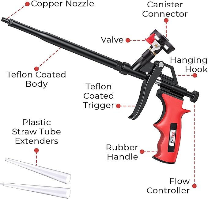 Spray Foam Gun, Wolline (8 Foam Gun + 32 Nozzle) Spray Foam Insulation Gun, Teflon-Coated Professional Expanding Spray Foam Applicator, Foam Dispensing Gun, Insulating Foam Applicator Red - 8 Pack