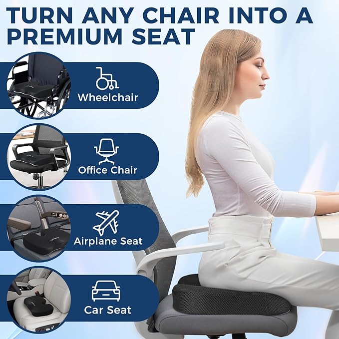 LNKOE Seat Cushion Memory Foam Cushion for Office Chair, Car Seat, Airplane, Bleacher - Sciatica & Hip & Coccyx Pain Relief Desk Chair Cushion for Long Sitting Office Workers, Car Drivers
