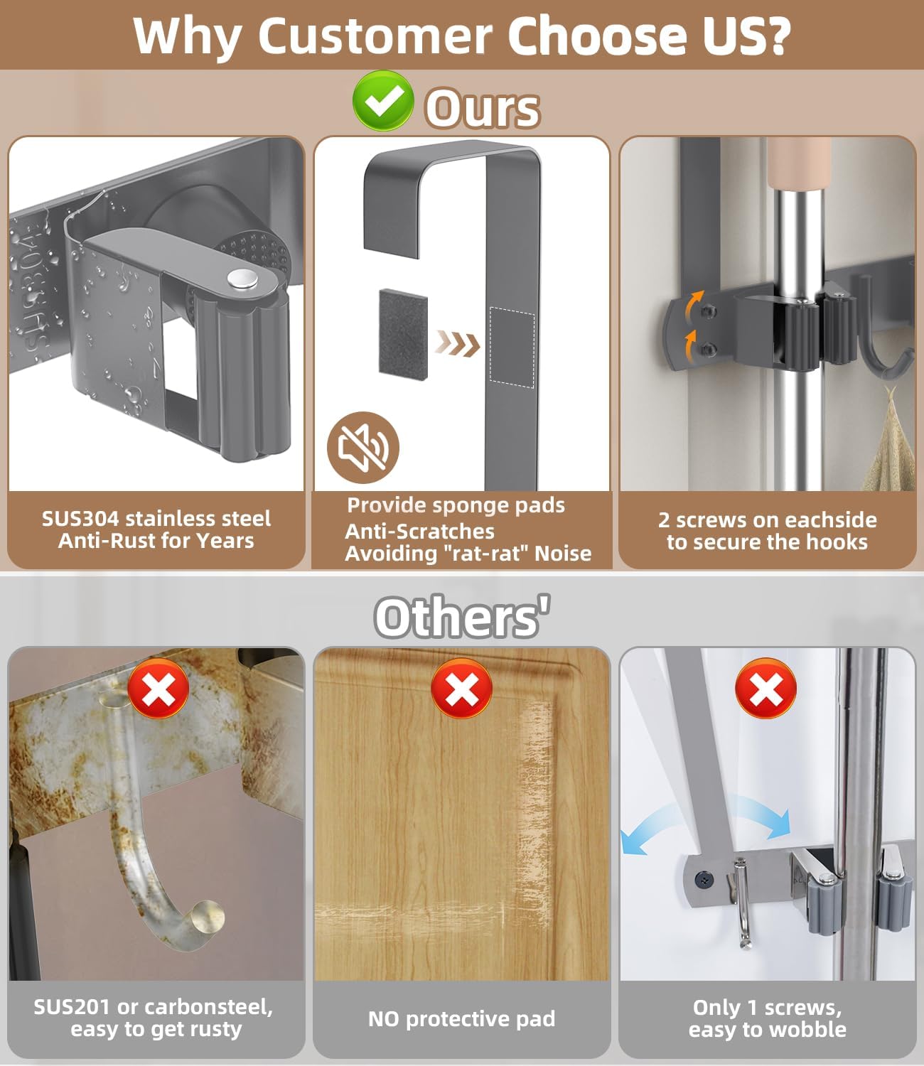 Broom Holder Over The Door-304 Stainless Steel Mop and Broom Holder Wall Mounted or Hanging Over The Door with Hooks - Broom Hanger, Tool Organizer for Garage Closet Laundry Kitchen-Space grey