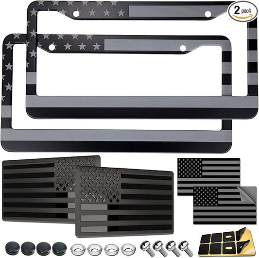 American Flag License Plate Frames - 2 Pack Black Stainless Steel Patriotic USA Car Tag Frame with UV-Printed Flag & 3D Metal Decals