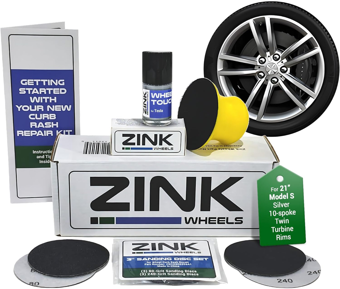 Premium Tesla Wheel Curb Rash Repair Kit for Model S 21-inch Silver Twin Turbine Rims - DIY Kit with Color-matched Touch Up Paint - Made in USA
