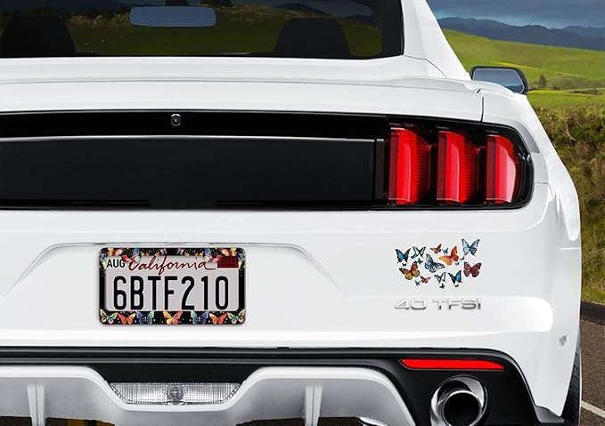 1pcs Hand Drawn Colorful Butterflies License Plate Frame for Women, Designer Red Blue Butterfly car tag Frames Girly for Vehicle with Non Adhesive Electrostatic Sticker