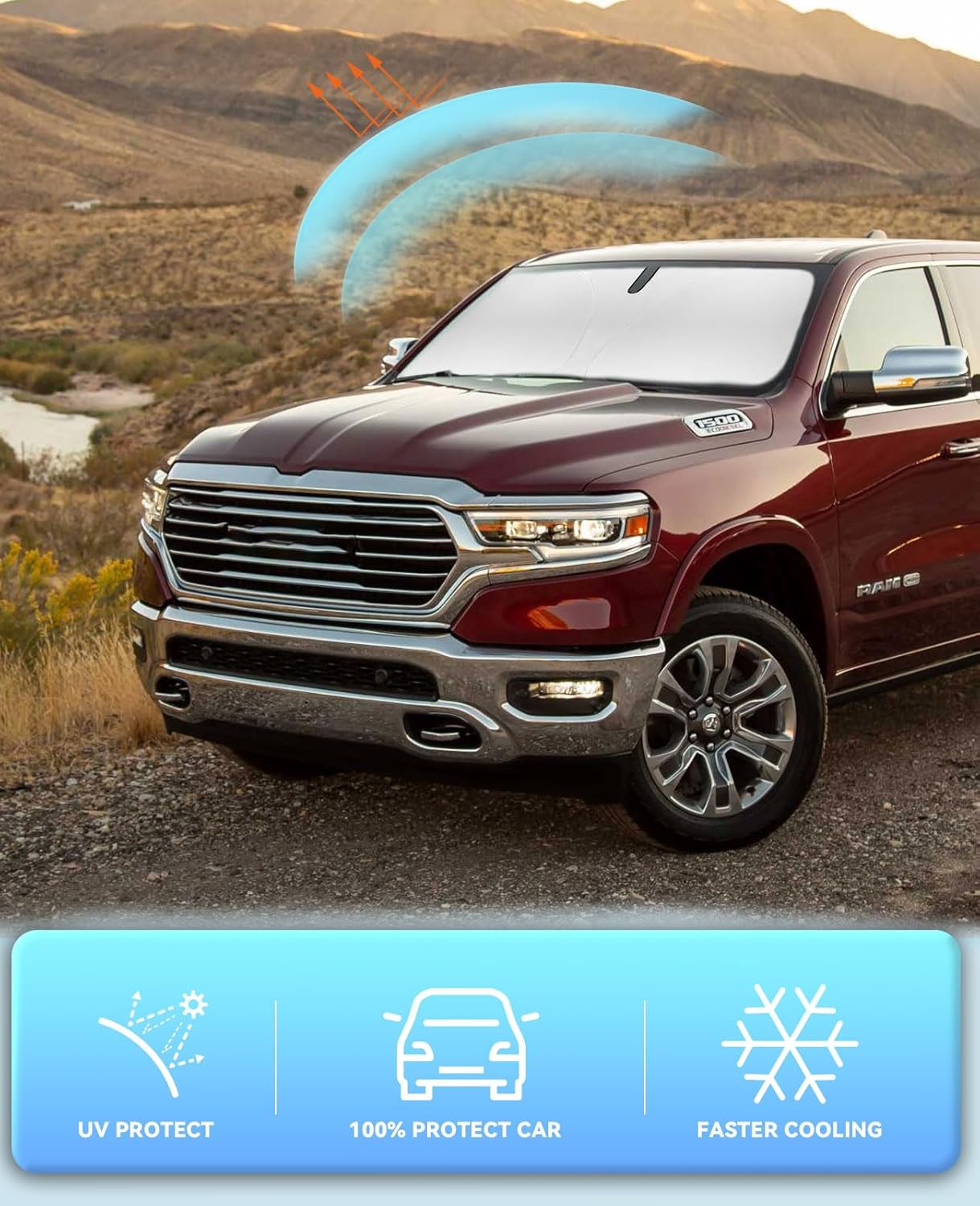 Sun Shade Windshield Sunshades Cover for 2019-2024 2025 2026 Dodge RAM 1500 Accessories CrewCab,MegaCab Pickup,2Dr RegularCab,4Dr QuadCab Custom Fit Dodge RAM Window Shields Sun Visor Protector