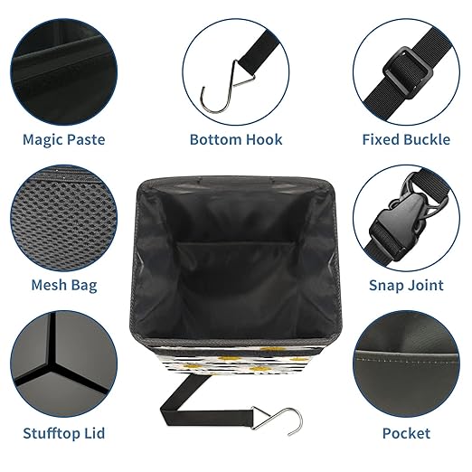 White Black Striped Daisy Car Trash Can With Lid - Collapsible Reusable Waterproof Garage Bag, Automotive Garbage Can, Accessories Interior Organizer