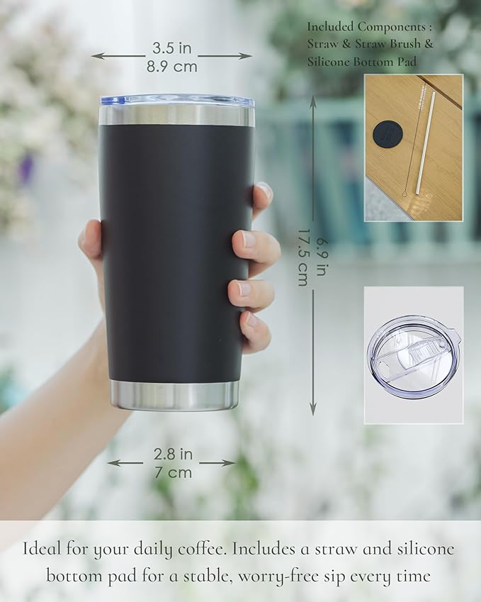 Travel Coffee Tumbler 20oz, 8 Pack Leakproof Travel Coffee Mug with Lid and Straw, Stainless Steel Double Wall Vacuum Insulated Tumbler for Hot/Iced Drinks (Textured Matte, Black)